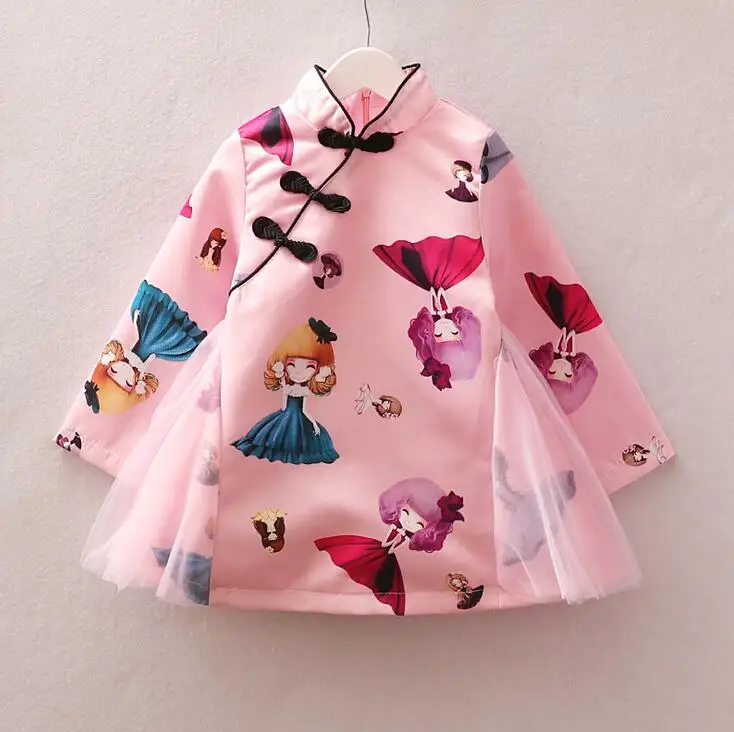 Шелковое платье для новорожденных девочек; зимнее От 0 до 2 лет в китайском стиле; бальное платье Ципао для маленьких девочек; теплое платье принцессы для девочек