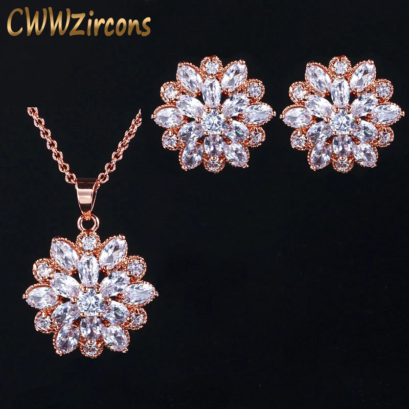 CWWZircons Brand Clear White CZ Crystal Rose Gold Color Flower