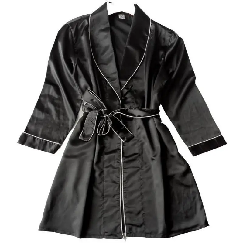 

Sexy Black Robe Kimono Bathrobe Summer Ladies Nightgown Faux Silk Sleepwear Nightdress Long Sleeve Home Dressing Gown M-XXL