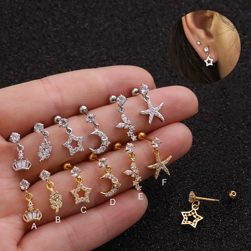 

Feelgood 1pc 20g Stainless Steel Barbell With Cz Crown Leaf Star Moon Butterfly Pendant Ear Cartilage Helix Piercing Earring