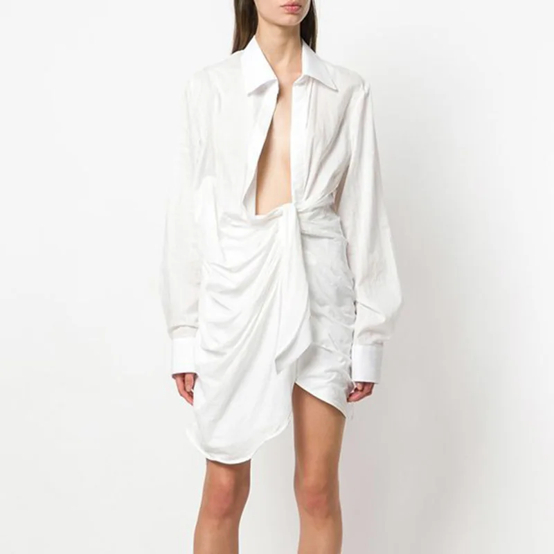 Ruched Глубокий V Сексуальная женская блузка кружева с длинным рукавом Нерегулярные белые женские блузки большого размера свободные хлопковые топы