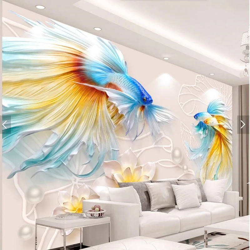Custom 3d Stereoscopic Wallpaper Embossed Goldfish Lotus Jewelry Murals For Living Room Bedroom