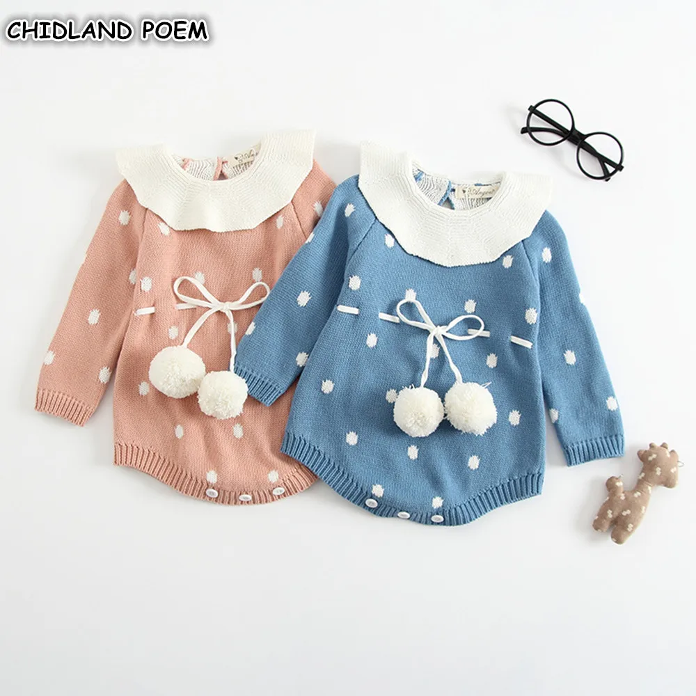Baby Knitted Clothes Newborn Baby Girls Romper Long Sleeve Woolen Pompom Infant Jumpsuit For Girls Boys Overalls Clothes