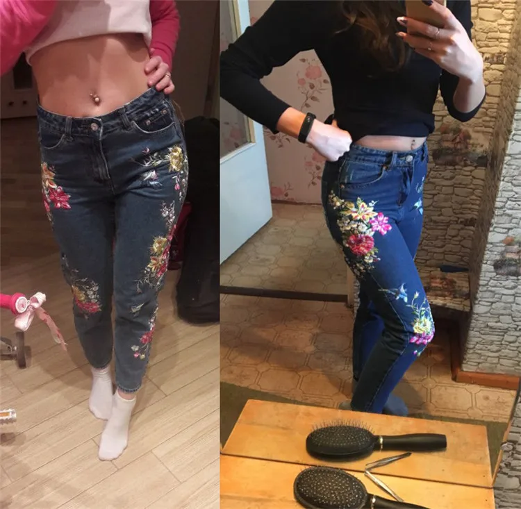 2018 Women's Three-dimensional 3D Heavy Bird Flower Embroidery High waist Slim Straight jeans Large yards (5)