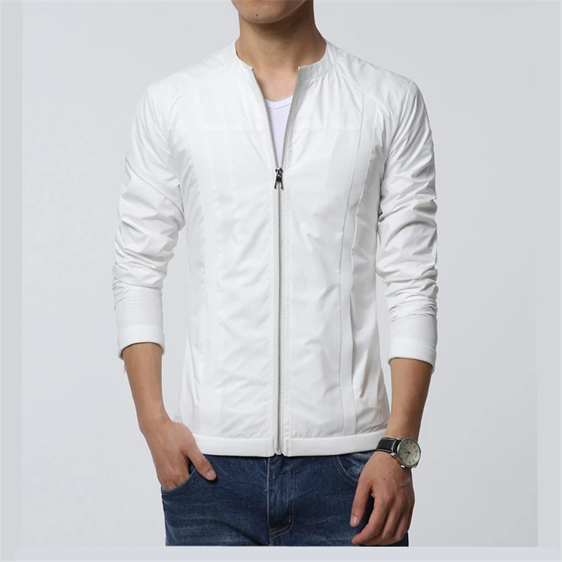 

2019 New Pure Color Stand Collar Jacket Men Coat Long Sleeve Summer Comfortable Breathable White Thin Men Jackets Size 5XL