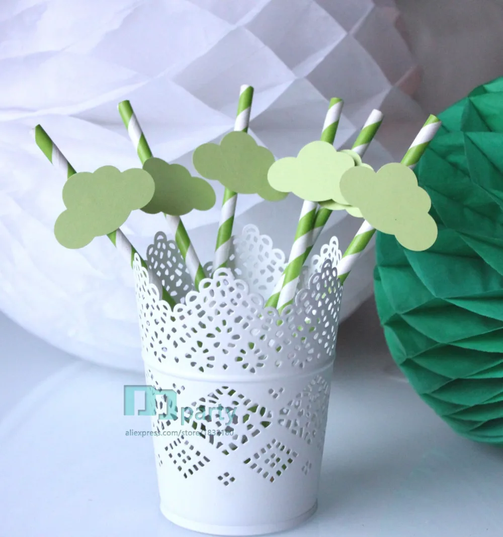 

Set of 25 pale green clouds for baptism or birthday straws Birthday Cake Topper, clouds Cake Topper, One Cake Topper