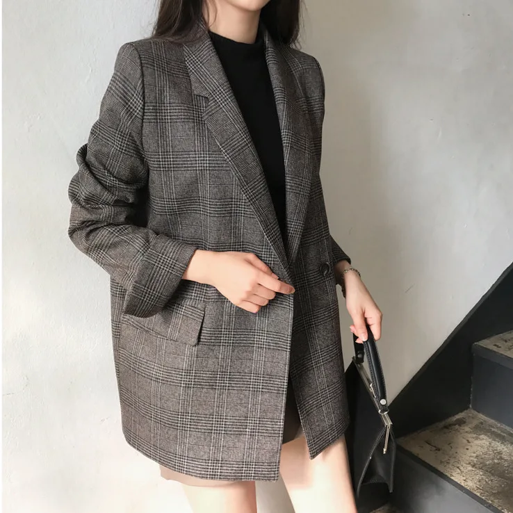 

Autumn new women's large size loose long-sleeved suit jacket casual temperament lattice loose women's suit jacket 2019