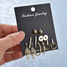 MissCyCy 6 пар/компл. металла серьги-гвоздики для Для женщин Мода компас листья круглые серьги-гвоздики, набор, для женщин Brincos, можно носить