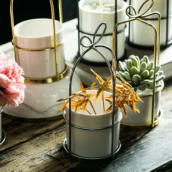 

Nordic Square Round Iron Frame Art Vases Simple Ceramic Tabletop Vase Flowerpot Coffee Home Room Garden Decoration