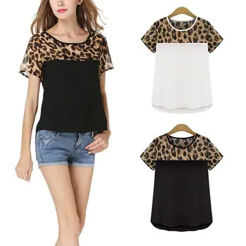 

Women Summer Chiffon leopard Print Top Patchwork Casual Ladies Wear Short-sleeved Round Neck Blouses S-2XL