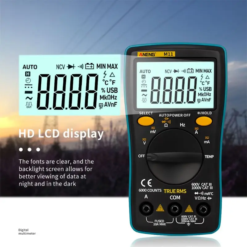 

6000 Counts M11 Portable Multimeter Battery-Operated Capacitor True-Ams Digital Voltmeter Multimetro Test With Lead LCD Display