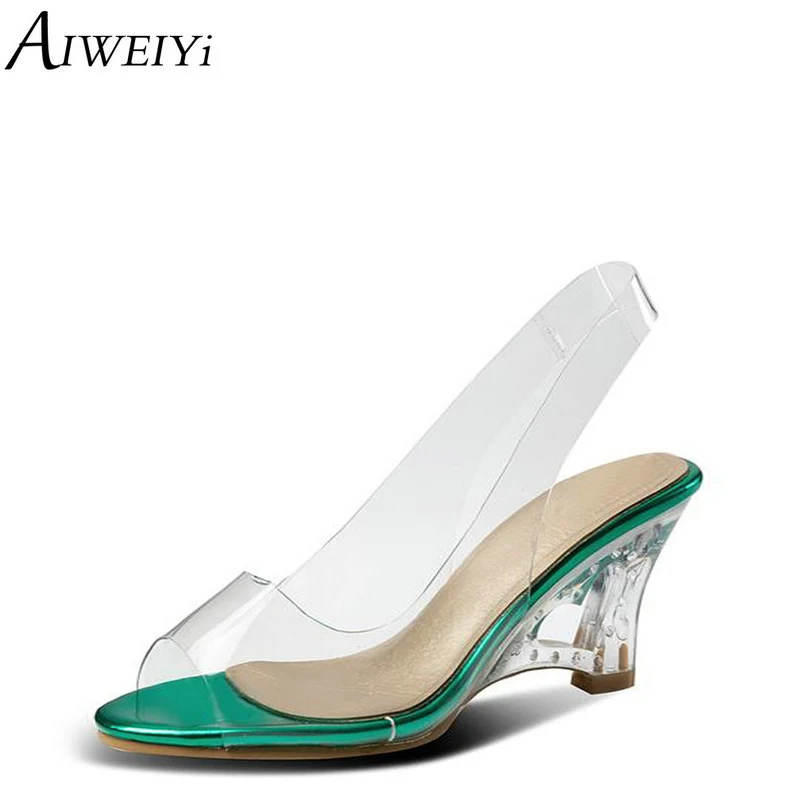 

AIWEIYi Women Sandals Clear PVC Wedge Heel High Heels Gladiator Sandals Red Green Sandal Shoes Woman Slip On Dress Party Pumps