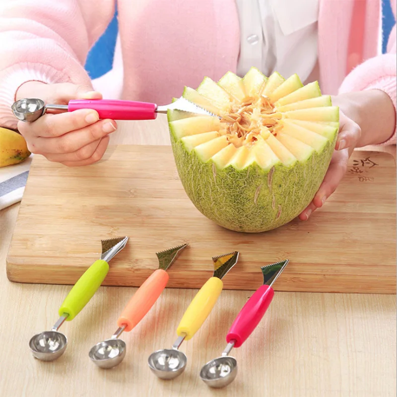 2 in 1 Dual-head Fruit Bowl Carving Knife Kiwi Watermelon Scoop Melon Digger Jar Mashed Baller Ice Cream Spoon | Дом и сад