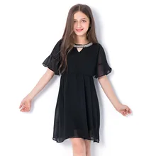 Черное шифоновое платье для девочек, летняя одежда для подростков 10, 11, 12, 13, 14 лет, повседневное детское платье