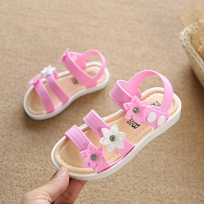

2018 New Summer Children's Sandals Girls Solid Color Flowers Flat Princess Shoes Non-slip Open Toe Beach Sandals