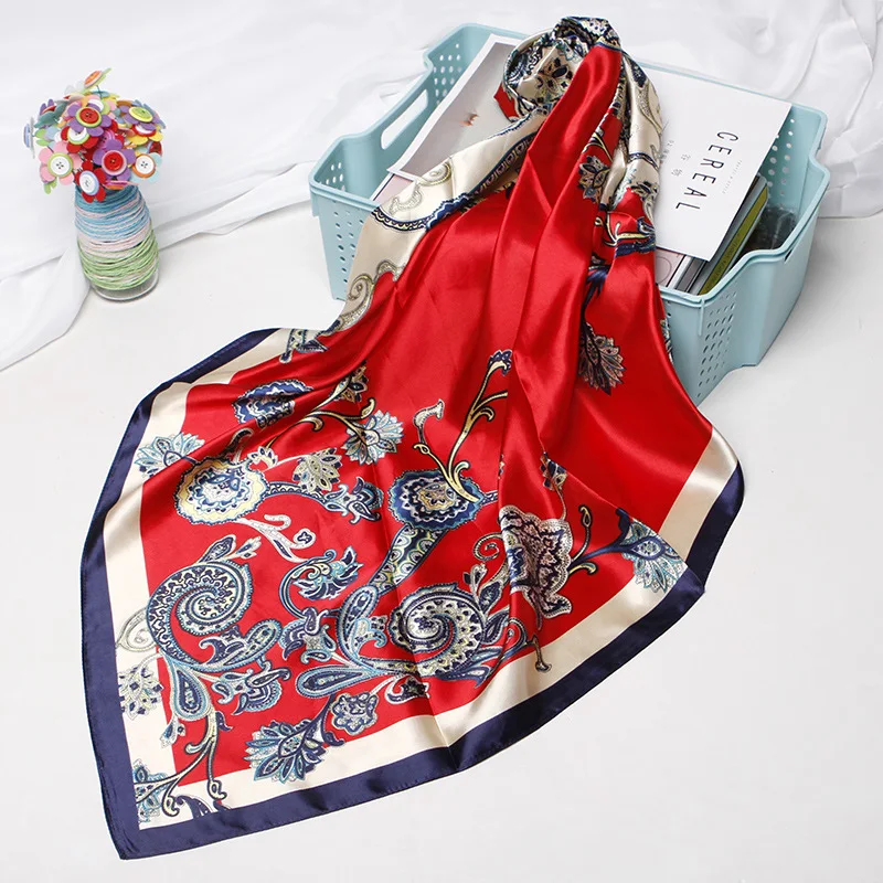Red Scarf Women 2021 Fashion Luxury Hijab Shawl Wraps Boho Bohemia Style Paisley Floral Print Soft Handkerchief Bandana 90x90cm