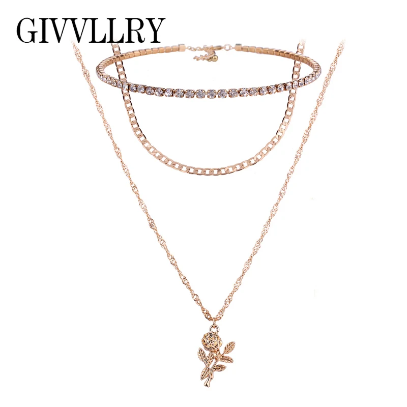 

GIVVLLRY Elegant Rose Flower Pendant Necklace Fashion Multilayers Gold Color Figaro Chain Rhinestones Choker Necklace for Women