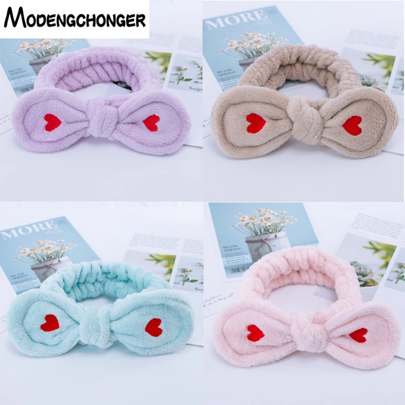

Big Rabbit Ear Soft Elastic Hair Band Embroidered Love Heart For Women Girls Headwear Headbands Coral Fleece Hair Accessories
