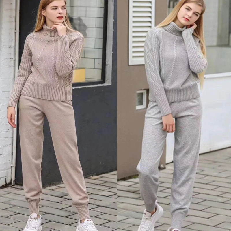 Womens High Collar Short Sweater Winter Warm Loose Kniting Pants Two-piece Set X