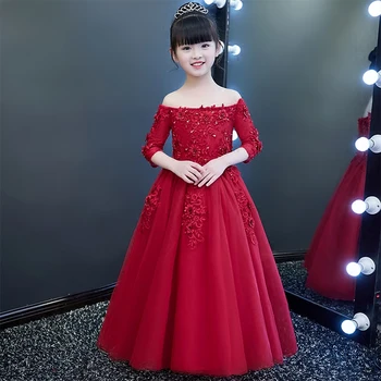 

2018 Fashion Girls Kids Wine-red Luxury Birthday Wedding Party Flowers Princess Lace Long Dress Children Dance Pageant Dress