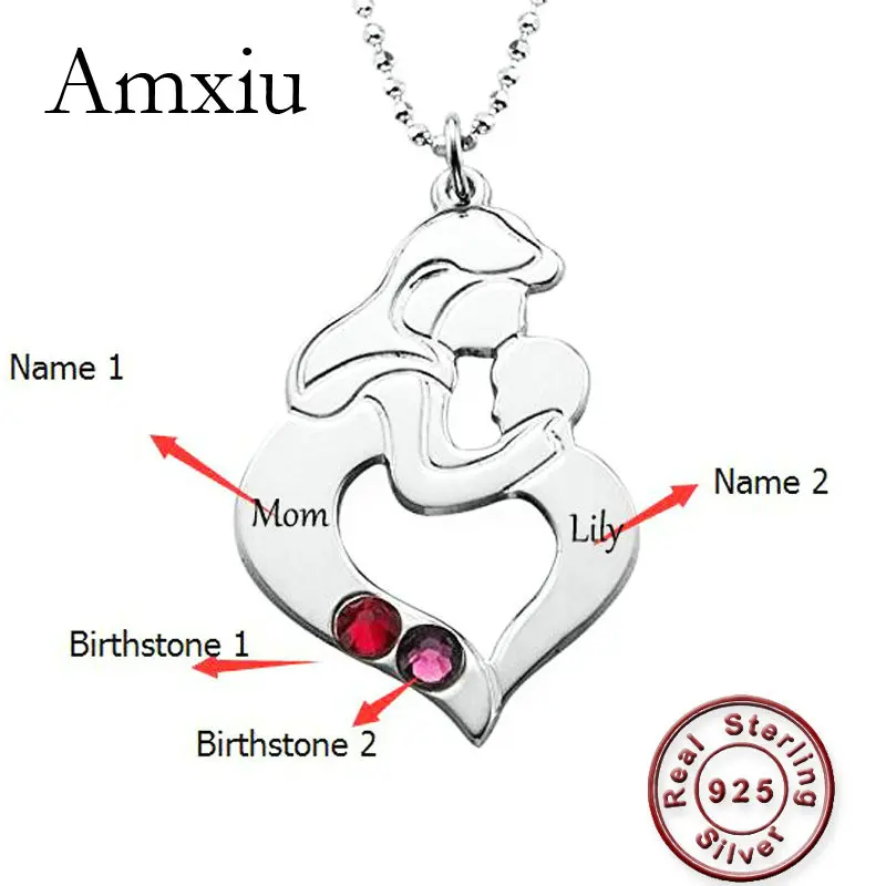 

Amxiu Women's Day Gift Custom 925 Sterling Silver Pendant Necklace Engrave Two Names Cubic Zircon Necklace For Mother Mom Gifts