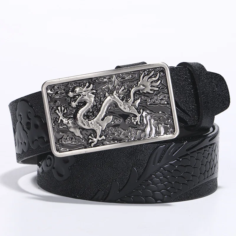 

High Quality Cow Leather Dragon Pattern Belt Fashion Smooth Buckle Belt for Men Casual Belt larger size 110-130cm