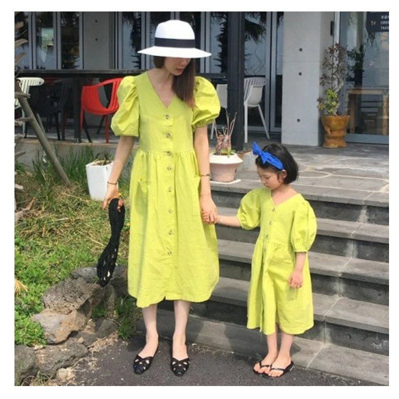 

Dress Mama And Baby korean Family Matching Clothes Buttons Cotton Long Dress INS Mother Daughter Dresses