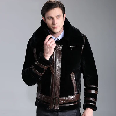 Для Мужчин's B3 летная куртка из овчины Для мужчин мотоцикл пальто Для мужчин кожаные зимние сапоги - Цвет: black