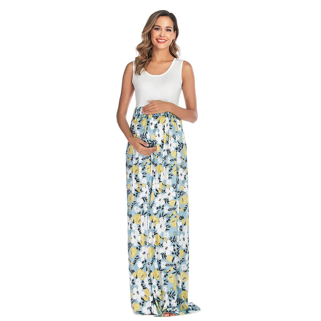 Women Dress Maternity Photography Props Patchwork Print Clothes For Pregnant O-Neck Sleeveless Long Maxi Pregnancy Dress#4 - Цвет: J