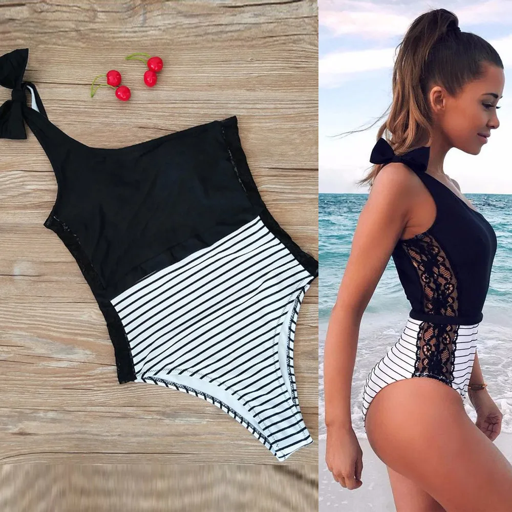 

Women Girl One Shoulder Striped Lace Splice Patchwork Sexy Female Bathing Bodysuit Swimwear Monokini Swimsuit Bather Suit Plavky