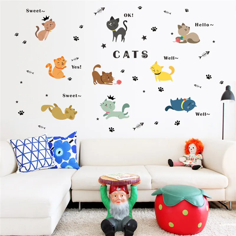 

Colorful Cute Cats playing wall stickers For Kids Rooms Children Bedroom wall Decal Cartoon home decoration Nursery room decor