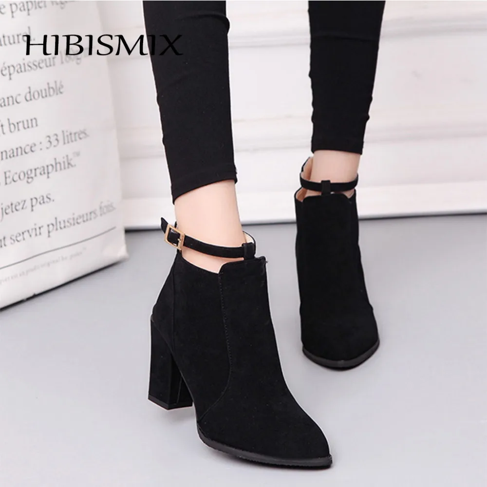 

HIBISMIX Women High Heeled Boots Ladies Spring Autumn Ankle Buckle Boots Flock Square Heels Chelsea Boot Women Shoes 1225