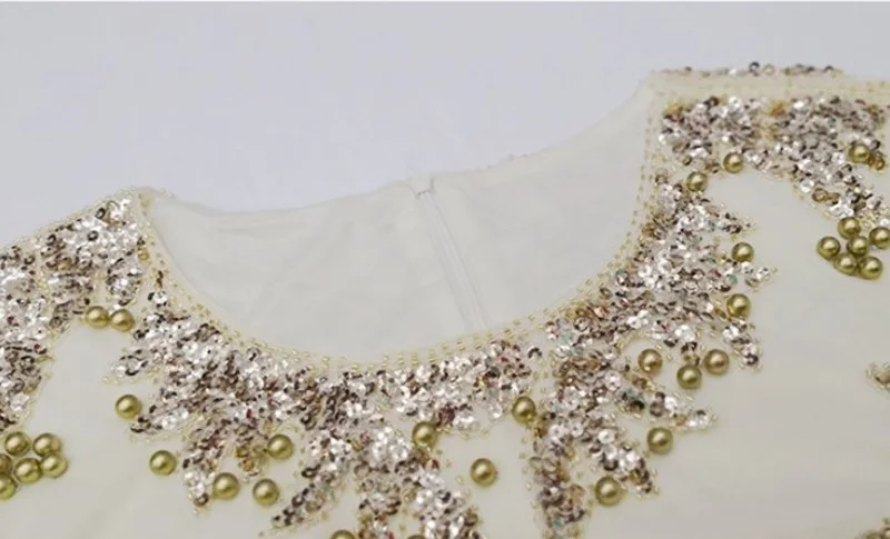 Beading Sequined Lace Dresses Women Fashion O-Neck Long Sleeve Luxury Knee-length Dress 6