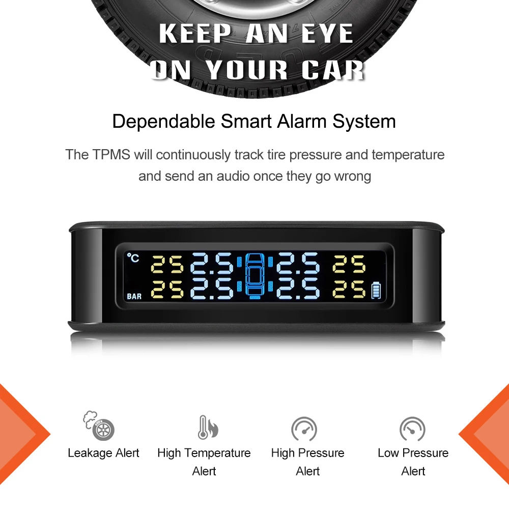 

Car Tire Pressure Sensor Tire Pressure Alarm Monitor System Wireless Solar Powered TPMS LCD Display with 4 External Sensors