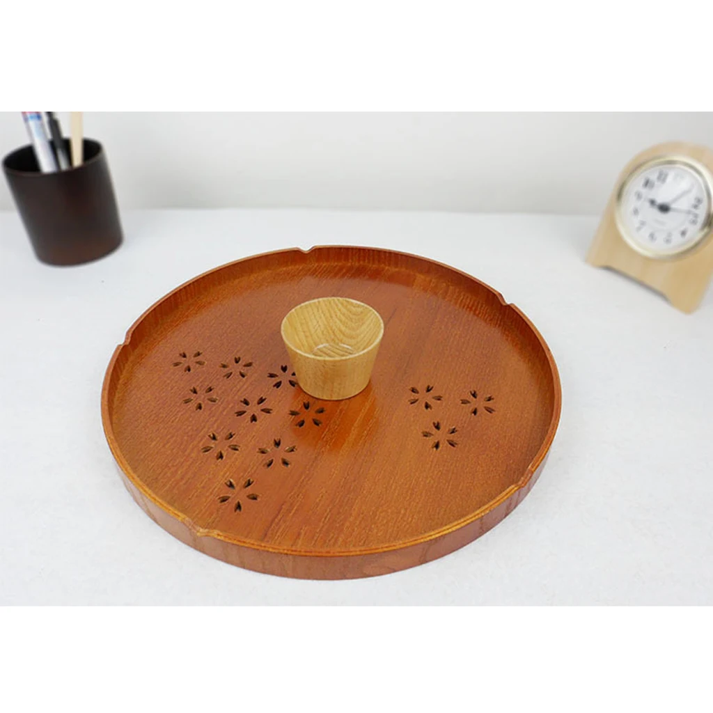 6 Types Serving Tray Wooden Tray Japanese Style Tea Home Hotel Guest Room Dish Round Wood Trays with Hollowed-out Cherry Blossom