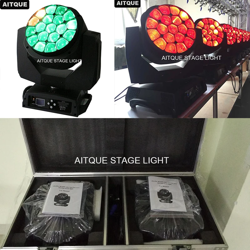 

(4pcs/CASE)Chinese disco lights led big bee eye moving head light 19x15w led zoom moving head b eyes flight case