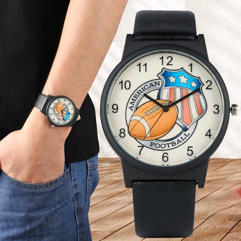 

Men's Rugby and Shield Patterns Quartz Analog Watch Premium Leather Band Wristwatch Elegant Black Arabic Numerals Dial Relojes