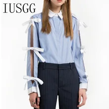 Sweet Bow Tie Striped Shirt Long Sleeve Fashion Blouse Women Tops Blue Striped Shirt Korean Bow Hollow Out Lace Up Bow Blusa