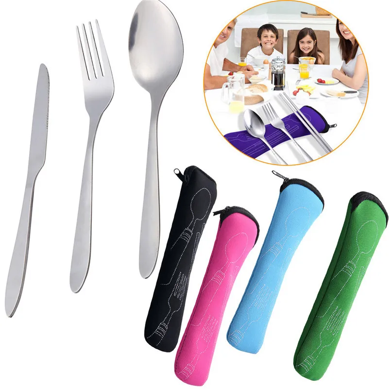 3 Pcs Tableware set Stainless Steel Knife Fork Spoon Chopsticks Travel Camping Cutlery Eyeful Cloth Bag Picnic Tools 20JY177