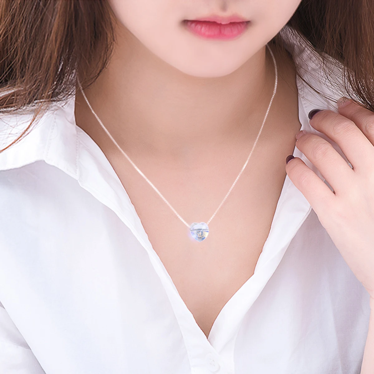 S925 Silver Pendant Necklace with Simple Design Delicate Slim Chain and Aurora Crystal Pendant