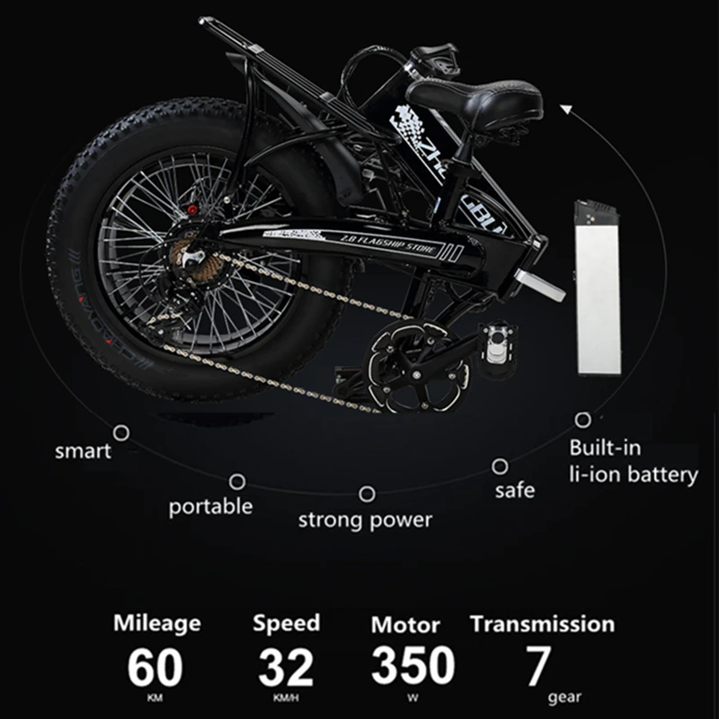 Top 48V 10Ah Lithium battery,350W Powerful Motor,  20" 4.0 Width Tire Snow Bike, Folding Electric Bike,Fat Bike,MTB Mountain Bicycle 0