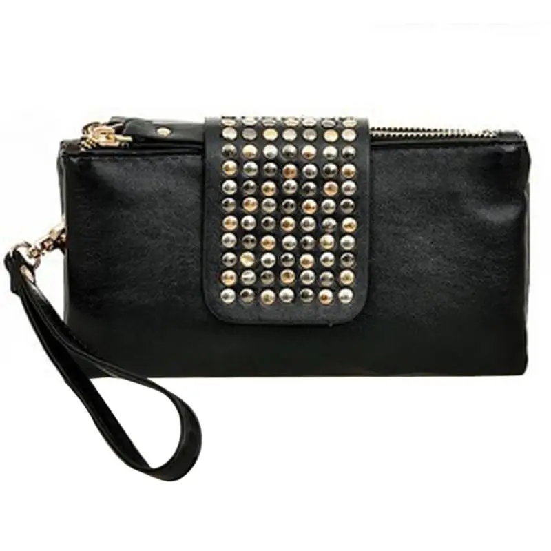 Cool Rivet Women Handbags Purses Leather Long Zipper Black Luxury Bags Clutches Wallets Bolsa Feminina Punk Style Clutch Purses Cool Rivet Women Handbags Purses Leather Long Zipper Black Luxury Bags Clutches Wallets Bolsa Feminina Punk Style Clutch Purses