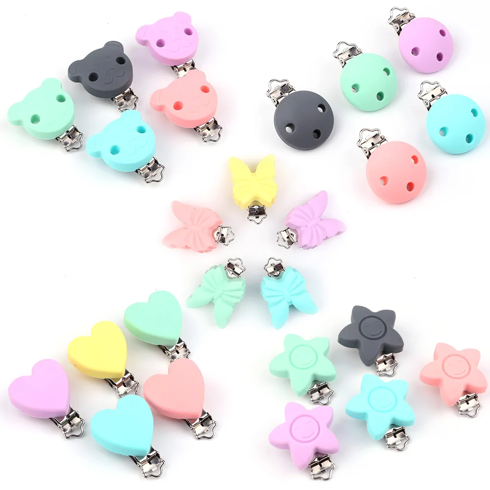 

TYRY.HU 10PC Round Shaped Pacifier Clip Silicone Bead DIY Baby Teether teething Accessories Bear Star Clip Nipple Clasps Toy