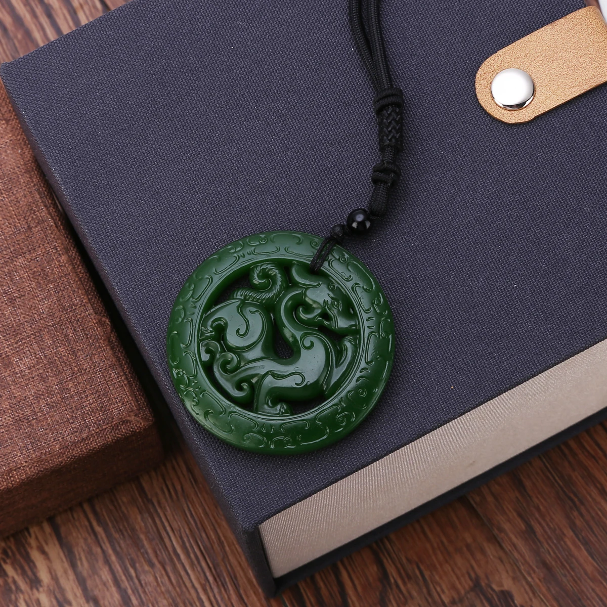 1pc Green Hetian Jade Pendant Carved Chinese Dragon Gemstone Pendant Necklace Stone with 60cm Rope