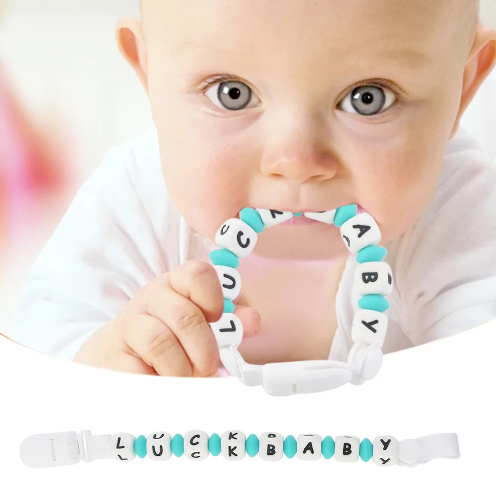Silicone teething pacifier clip with food grade silicone chew beads