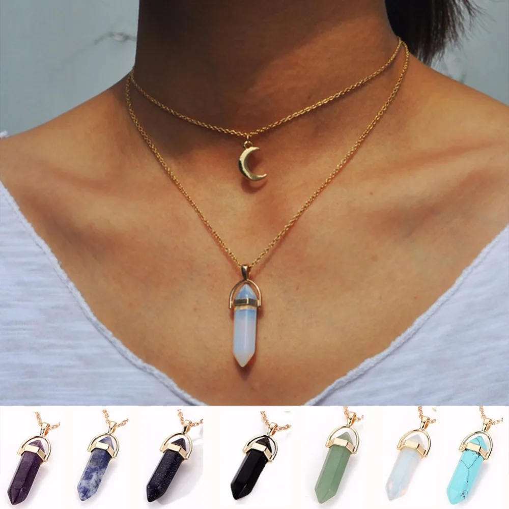 

Vintage 2 Layer Natural opal Stone Pendant Choker Necklaces Gold Color Moon Necklace For Women Jewelry Collier Femme #229163