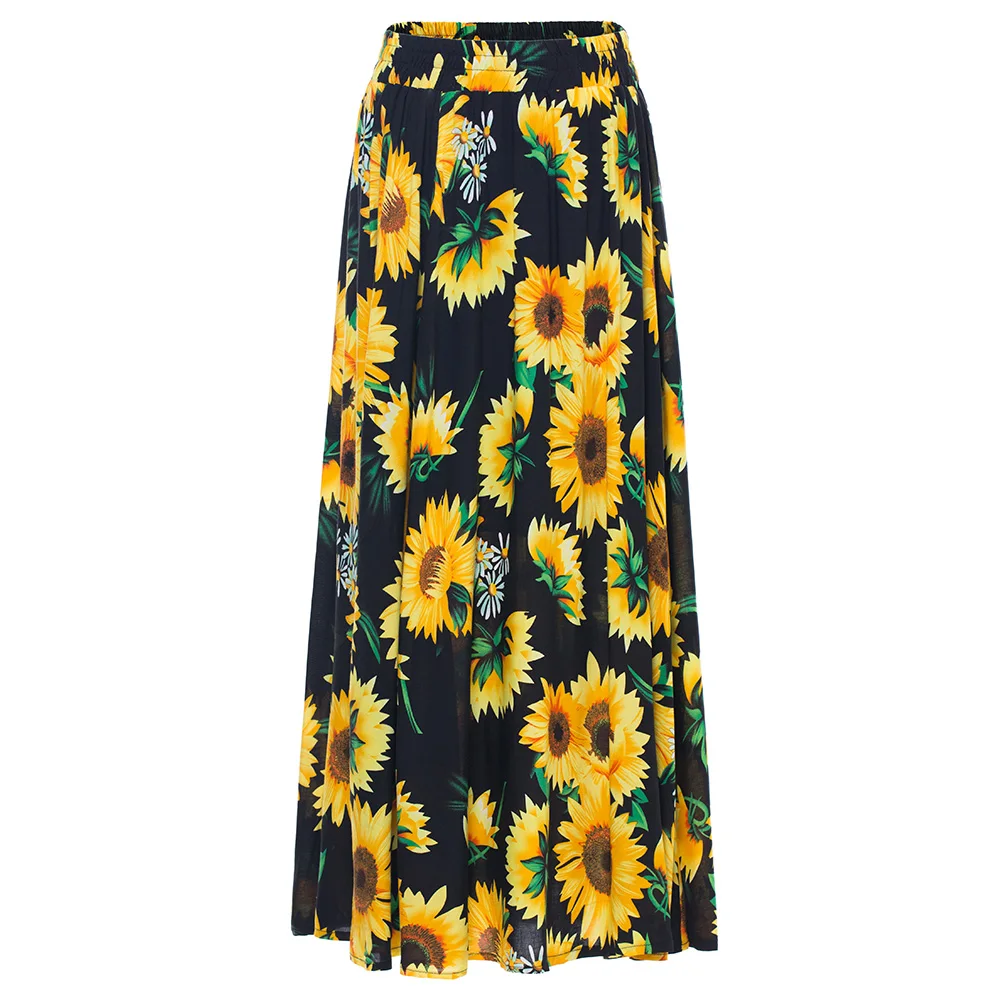 Wipalo Summer Autumn Women Skirt Sunflower Print High Waist Boho Skirt
