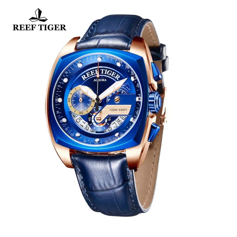 2020 Reef Tiger/RT Top Brand Sport Watch for Men Luxury Blue Watches Leather Strap Waterproof Watch