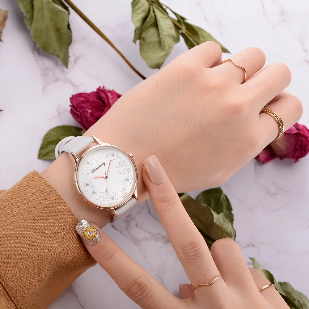 3D Embossed Flowers Watches For Women Pearls Macaron Leather Girls Creative Quartz Clock Ladies Bracelet Wrist Watch