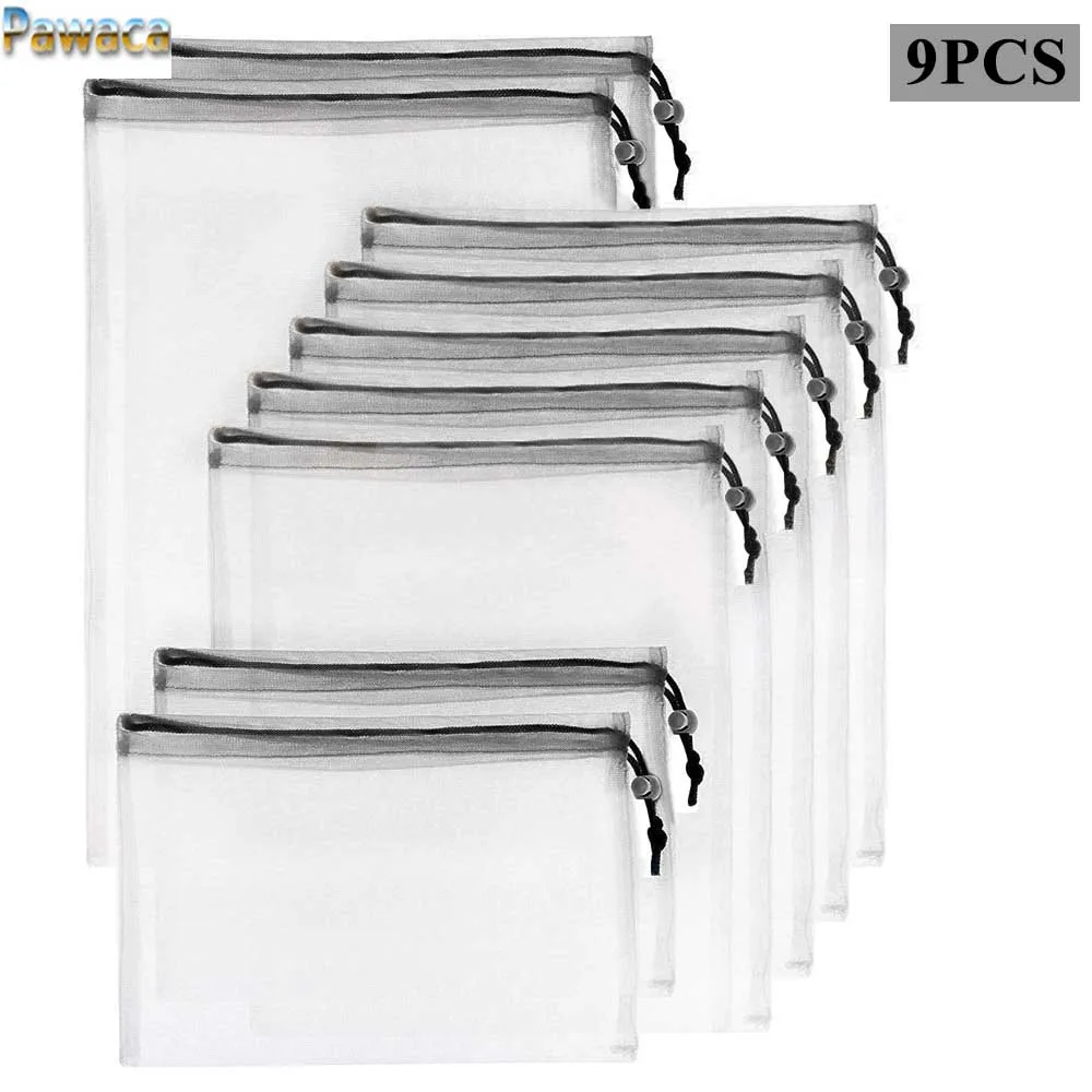 

9pcs/set Reusable Rope Mesh Produce Bags Kitchen Fruit Vegetable Toys Storage Bags Premium Pouch Drawstring Mesh Shopping Bag